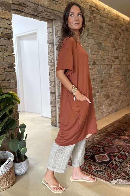 Made in Italy Perfect Pocketed T Shirt Dress Rust /45 =